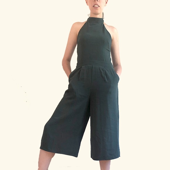 Hunter Green Halter Culotte Jumpsuit - Picture 1 of 3
